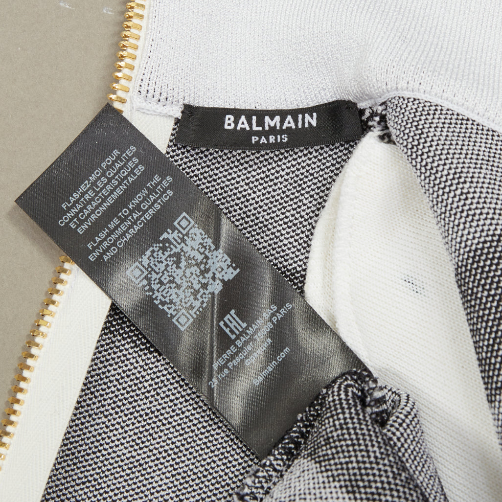 BALMAIN white black script stripe jacquard mock neck knit zip dress FR34 XXS