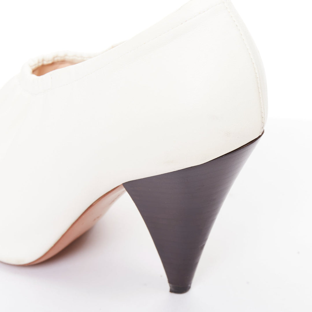 OLD CELINE Throat cream smooth leather ballerina black coned heeled pumps EU35