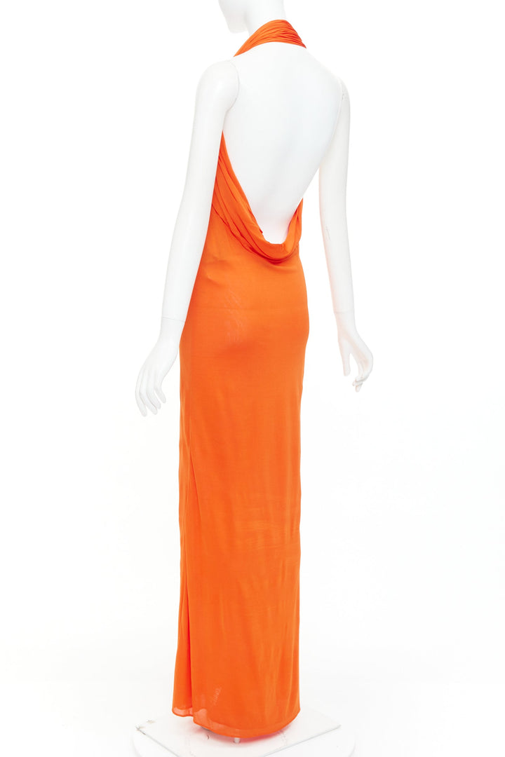 SAINT LAURENT 2023 orange asymmetric knot halter draped backless gown FR38 M