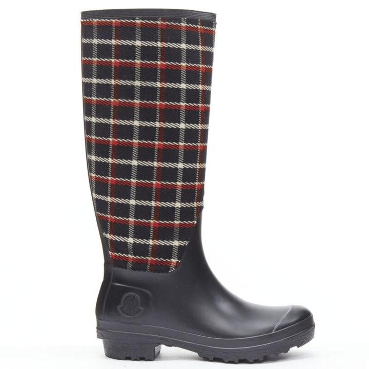 MONCLER red black plaid check black rubber wellington rain boots EU39
