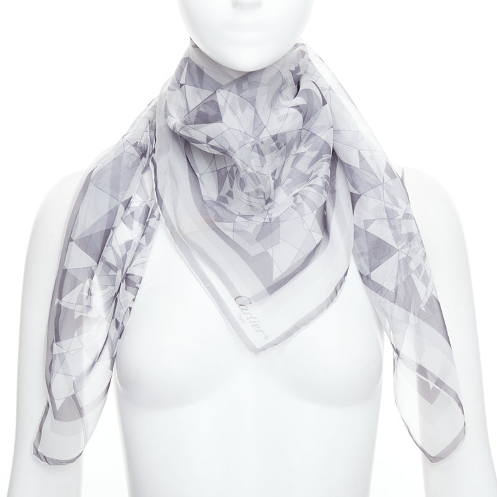 CARTIER 100% silk grey sheer diamond cuts print square scarf