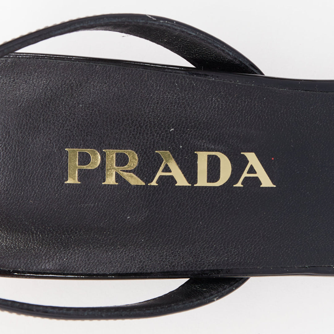 PRADA Vernice black patent leather white triangle logo kitten heel sandals EU39