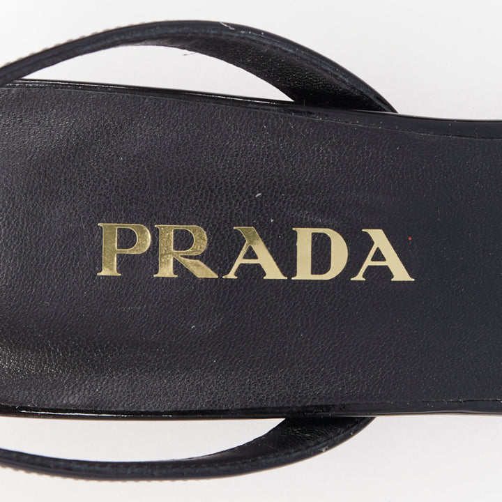 PRADA Vernice black patent leather white triangle logo kitten heel sandals EU39