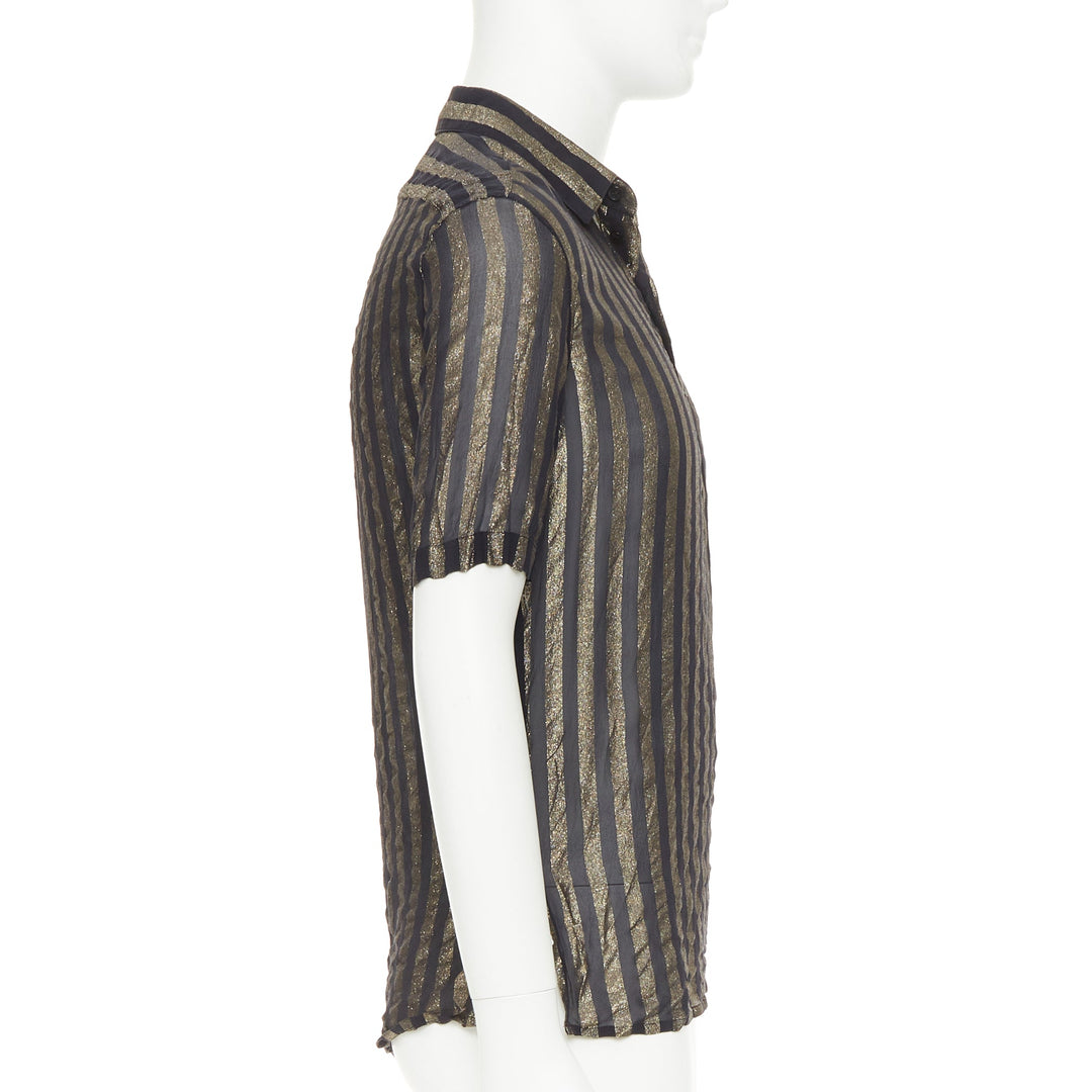 SAINT LAURENT 2019 Runway black gold metallic lurex striped sheer shirt EU38 S