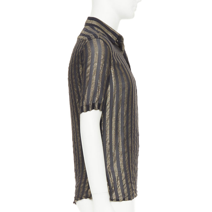 SAINT LAURENT 2019 Runway black gold metallic lurex striped sheer shirt EU38 S