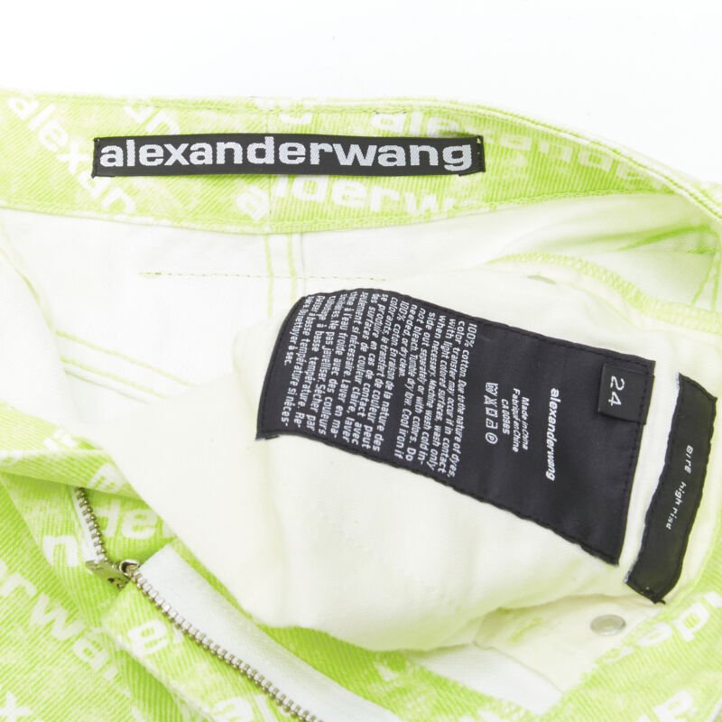 ALEXANDER WANG Bite High Rise green logo print cut off denim shorts 24"