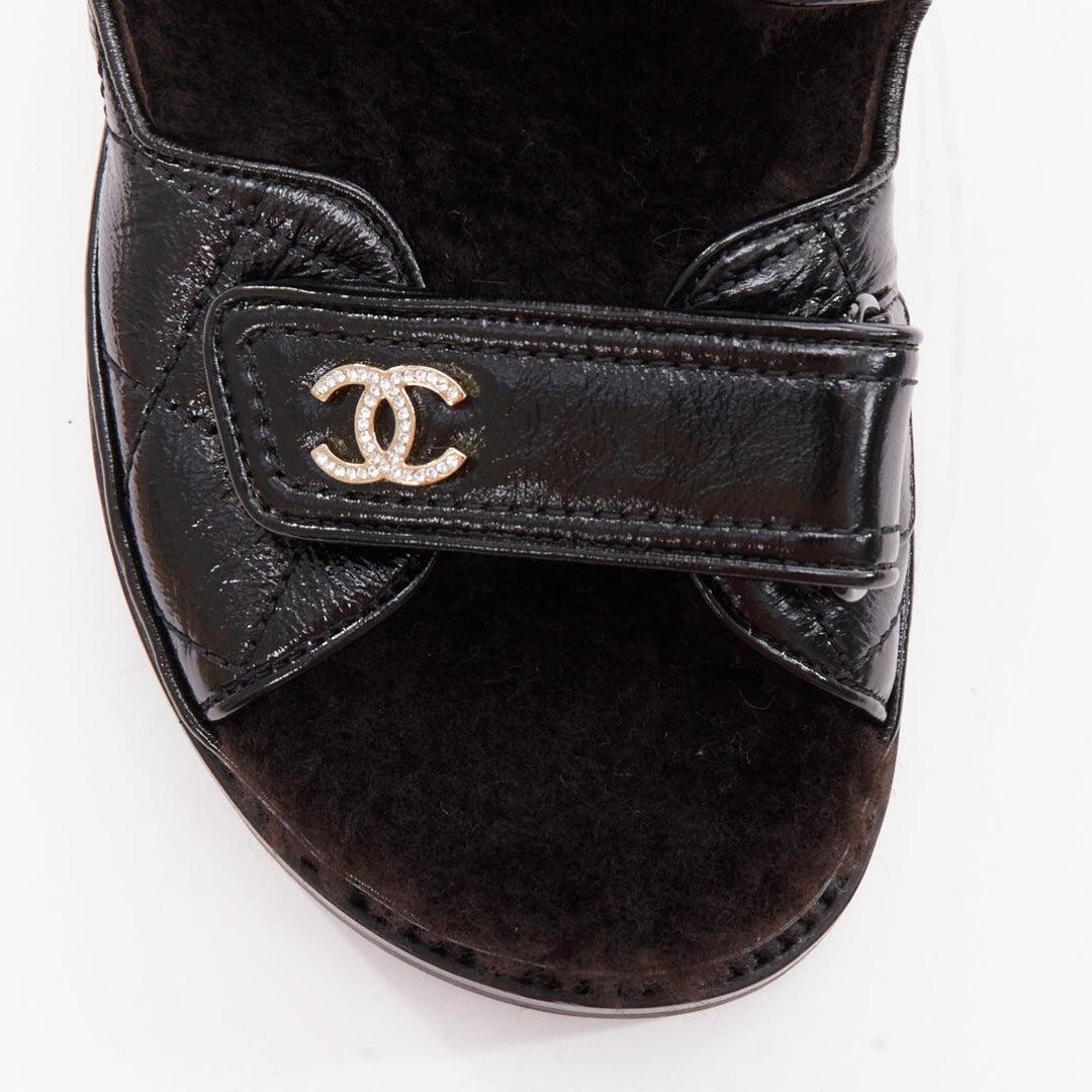 CHANEL 2023 black laminated lambskin shearling crystal CC dad sandals EU37