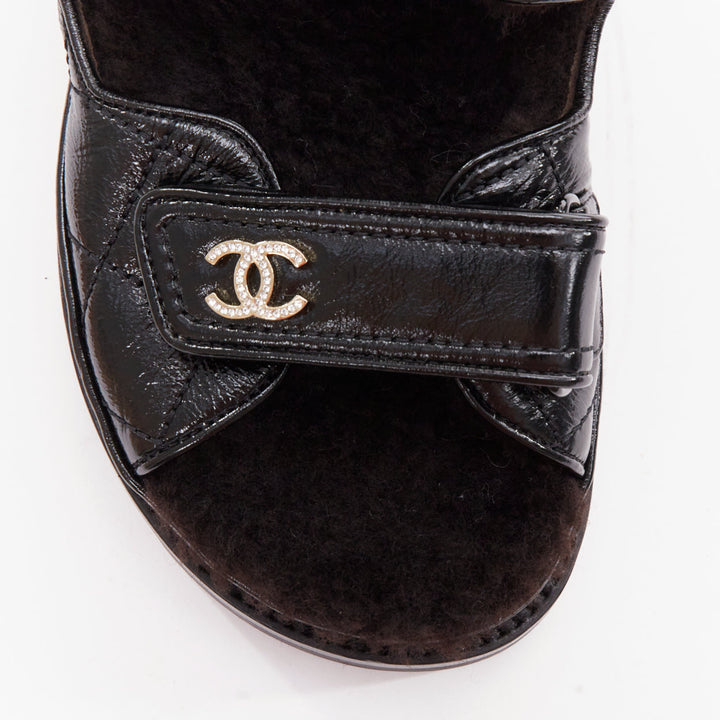 CHANEL 2023 black laminated lambskin shearling crystal CC dad sandals EU37