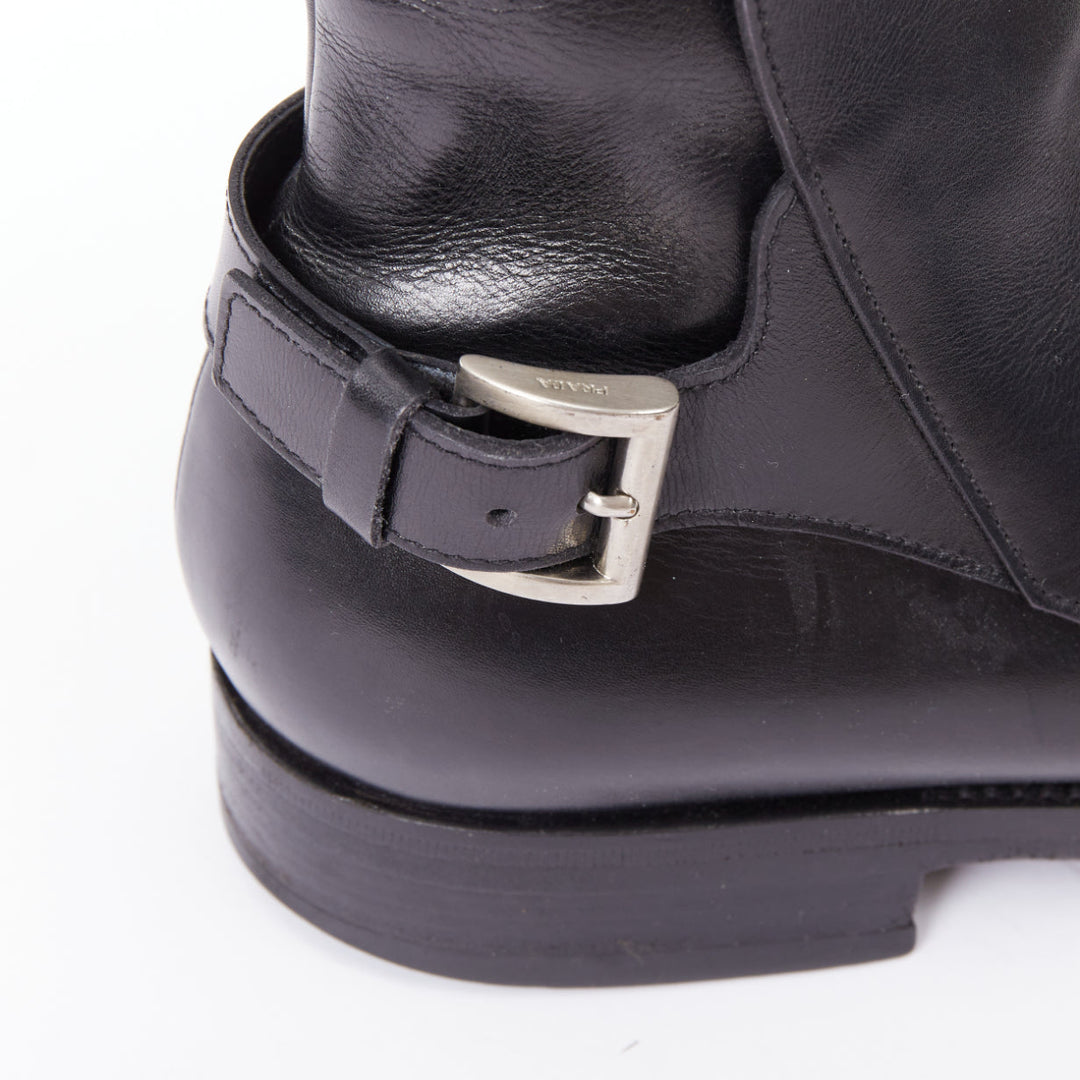PRADA black calfskin silver rear buckle overlap round  ankle boots UK9.5 EU43.5