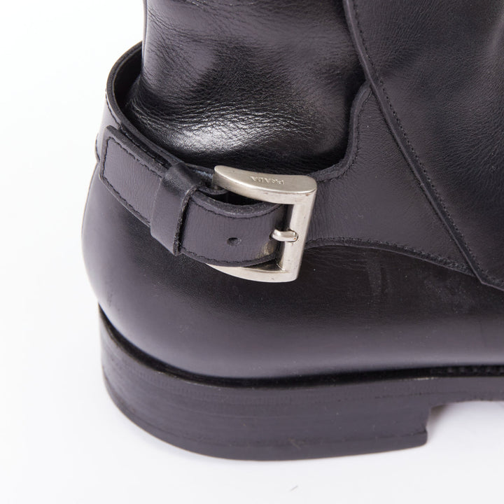 PRADA black calfskin silver rear buckle overlap round  ankle boots UK9.5 EU43.5