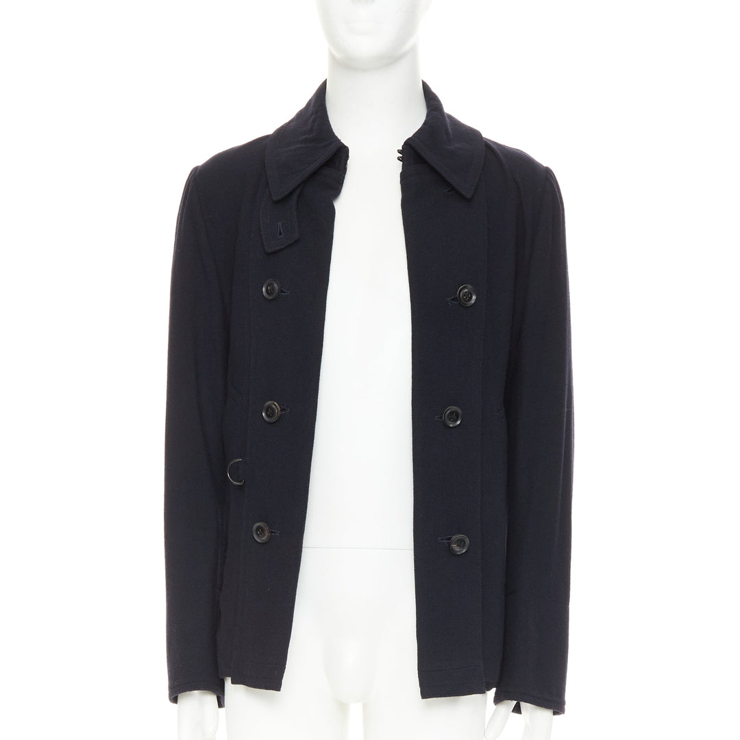 Y'S YOHJI YAMAMOTO black wool double breasted belted short peacoat jacket JP3 L