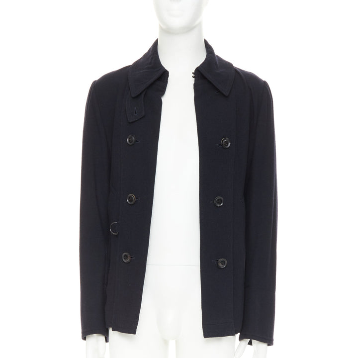 Y'S YOHJI YAMAMOTO black wool double breasted belted short peacoat jacket JP3 L