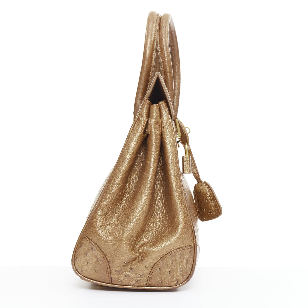 KWANPEN brown ostrich leather gold hardware top handle structured executive bag