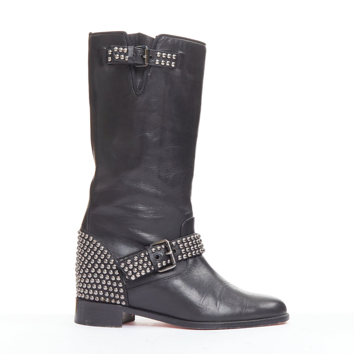 CHRISTIAN LOUBOUTIN Bicloubutu black silver studded moto biker wedged boots EU35