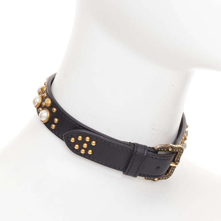 GUCCI 2017 black calfskin gold GG faux pearl embellished choker necklace