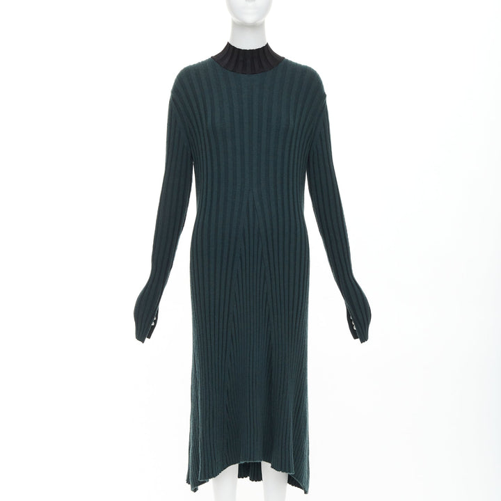 OLD CELINE Phoebe Philo 2014 dark green wool mock neck ribbed knit dress S