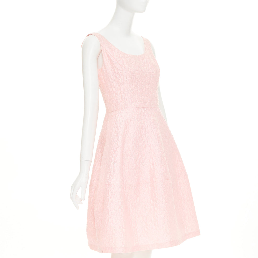 OSCAR DE LA RENTA 2016 pink cotton silk floral cloque fit flare dress US6 M