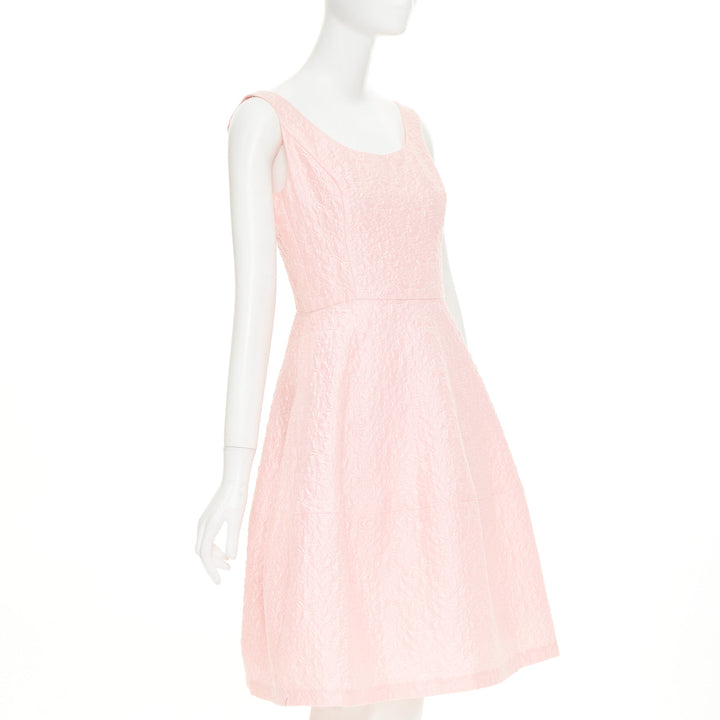 OSCAR DE LA RENTA 2016 pink cotton silk floral cloque fit flare dress US6 M