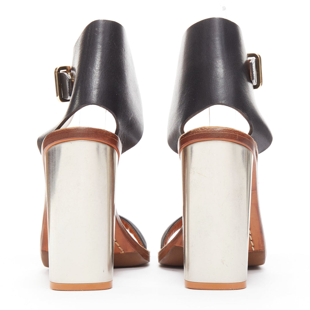 CELINE Phoebe Philo Bam Bam black open toe silver metal block heel sandal EU37