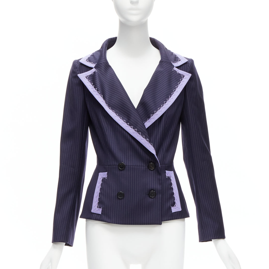 CHRISTIAN DIOR John Galliano Vintage navy purple topstitch bar blazer FR38 M