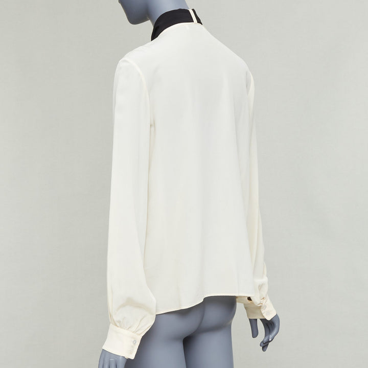 LANVIN cream 100% silk black contrast tie neck peasant blouse FR34 XS