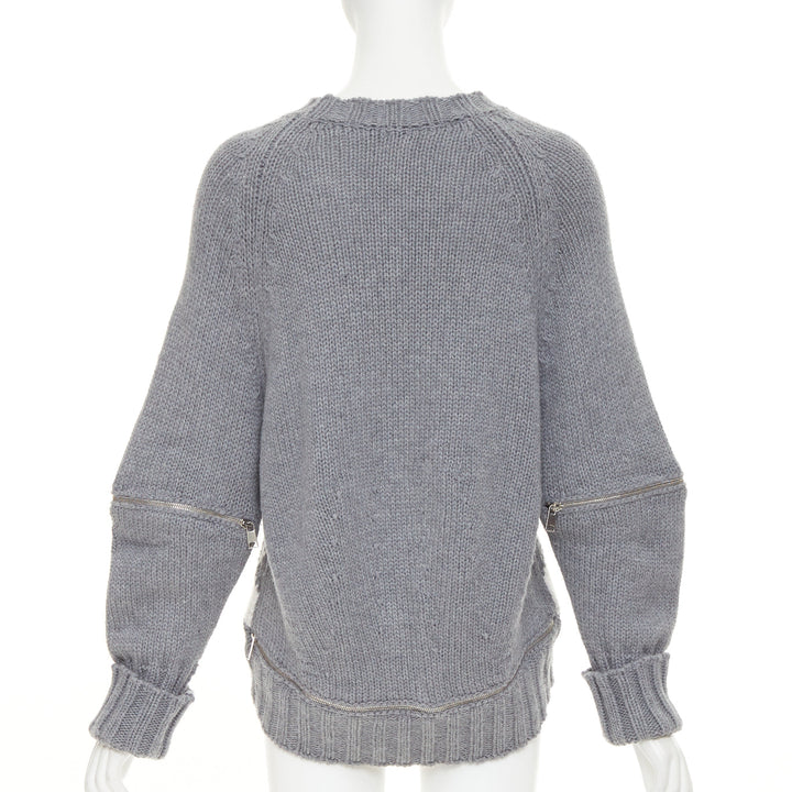 ALEXANDER MCQUEEN 2017 grey wool argyle intarsia zipper trim high low sweater S