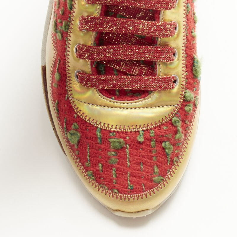 CHANEL iridescent gold red green tweed low top sneaker EU36.5