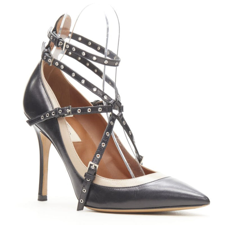 VALENTINO black beige leather silver grommet stud bondage harness pump EU38