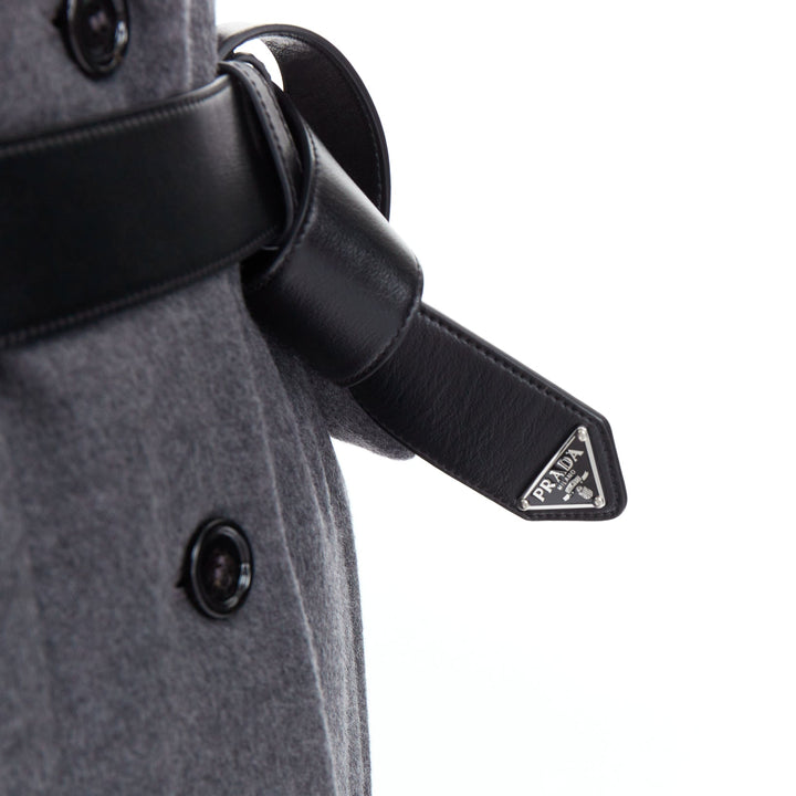 PRADA 2022 grey cashmere wool leather logo belt padded coat IT40 S
