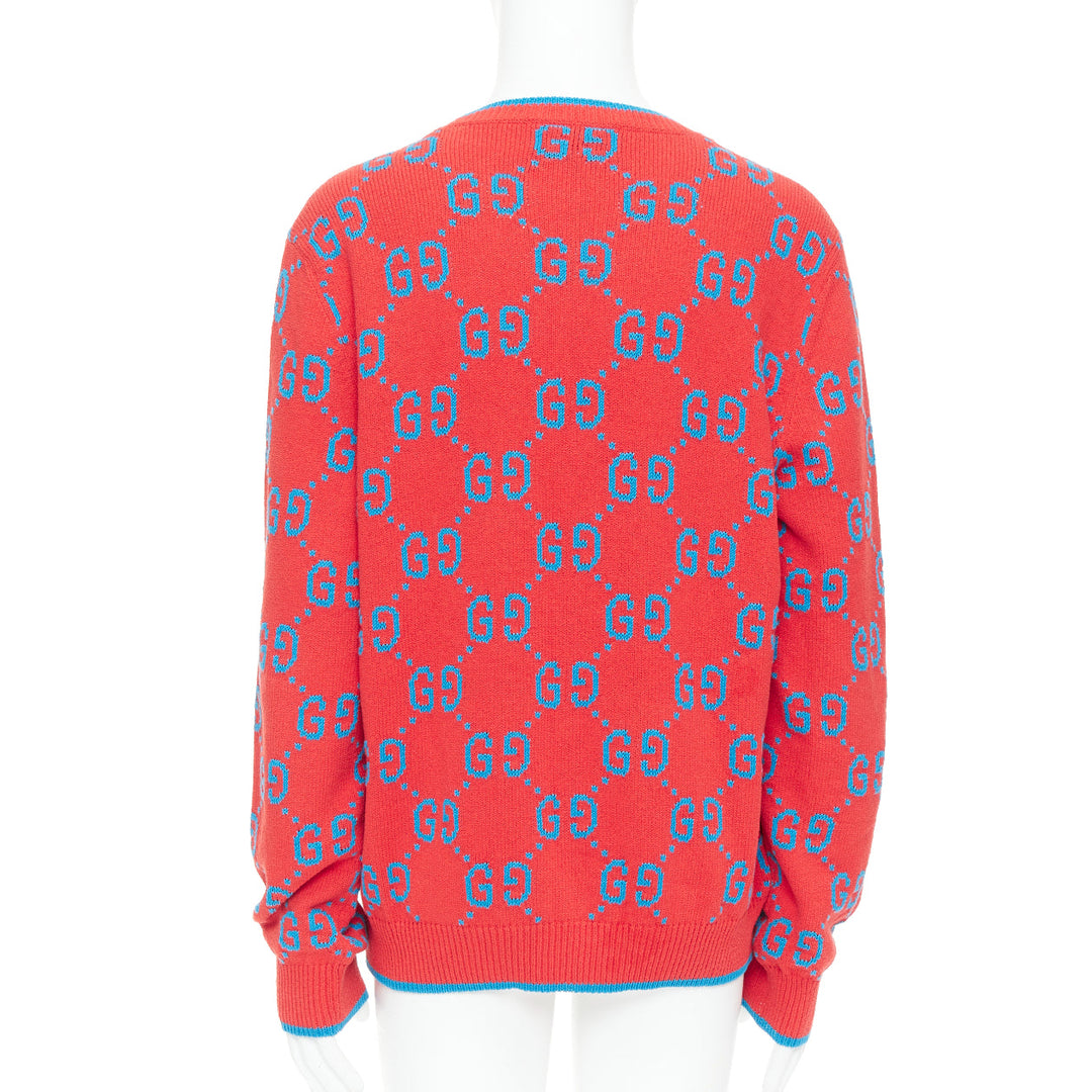 GUCCI red blue cotton blend GG monogram intarsia sweater XL