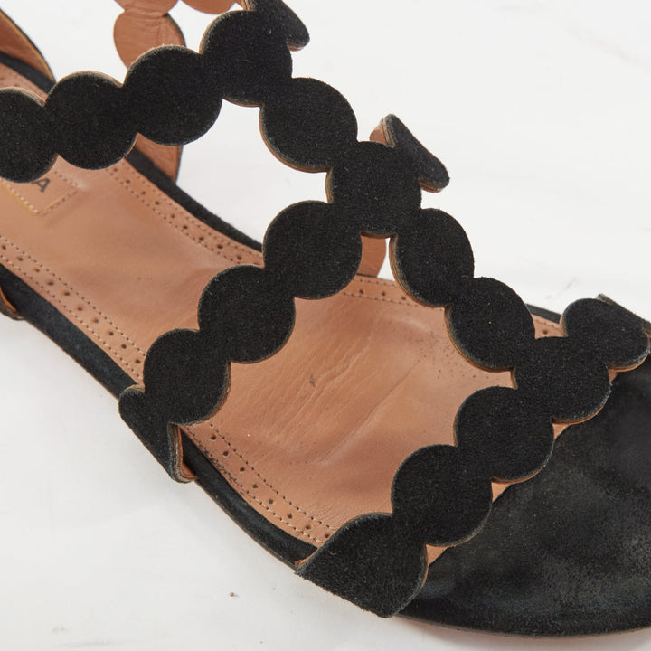 ALAIA 2016 black suede laser cut scalloped cage gladiator open toe sandals EU37