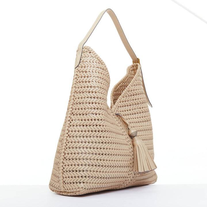 ANYA HINDMARCH Neeson Tassel Hobo beige capra leather fringe woven bag