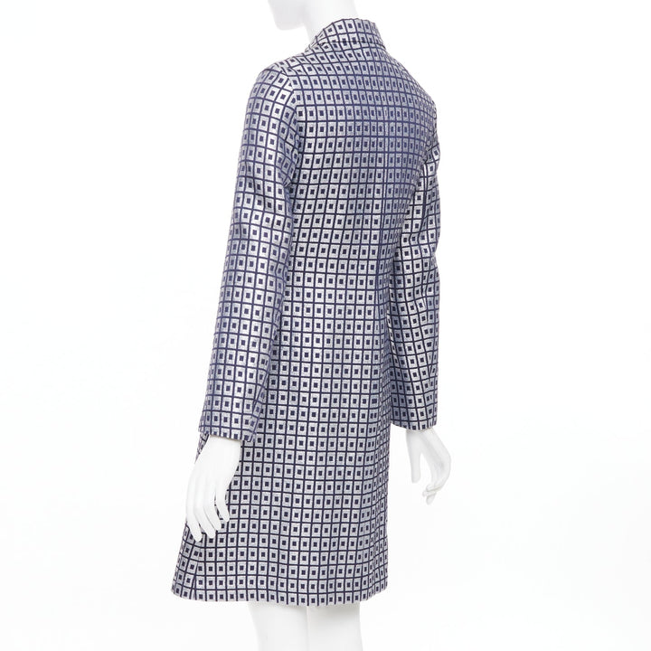 TORY BURCH navy silver metallic cotton blend brocade collared long coat US4 S