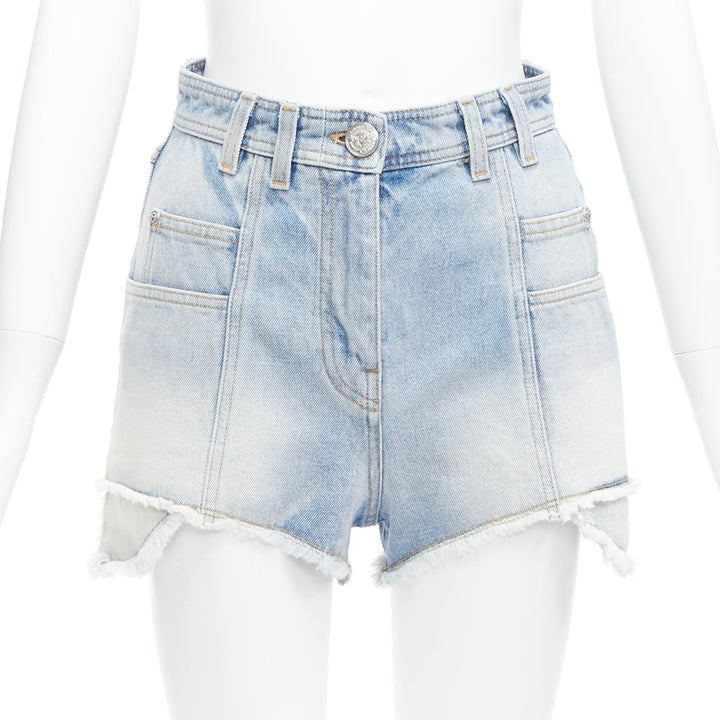 BALMAIN blue washed cotton denim panel pockets cut cutaway cargo shorts FR36 S