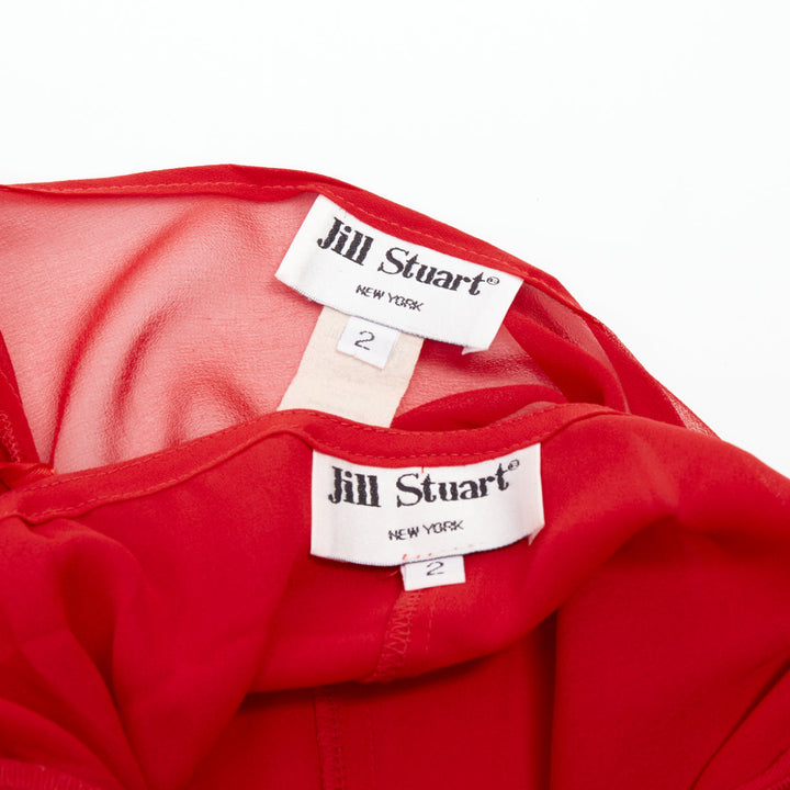 JILL STUART red sheer silk embroidered puff sleeve square neck mini dress US2 S