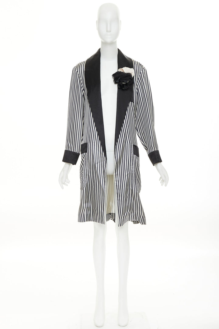 LANVIN grey black striped viscose floral applique belted robe outerwear FR34 XS