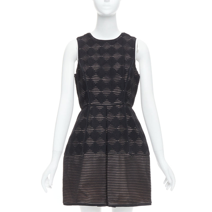 TIBI black diamond checkered embroidered stripe fit flared dress US4 S