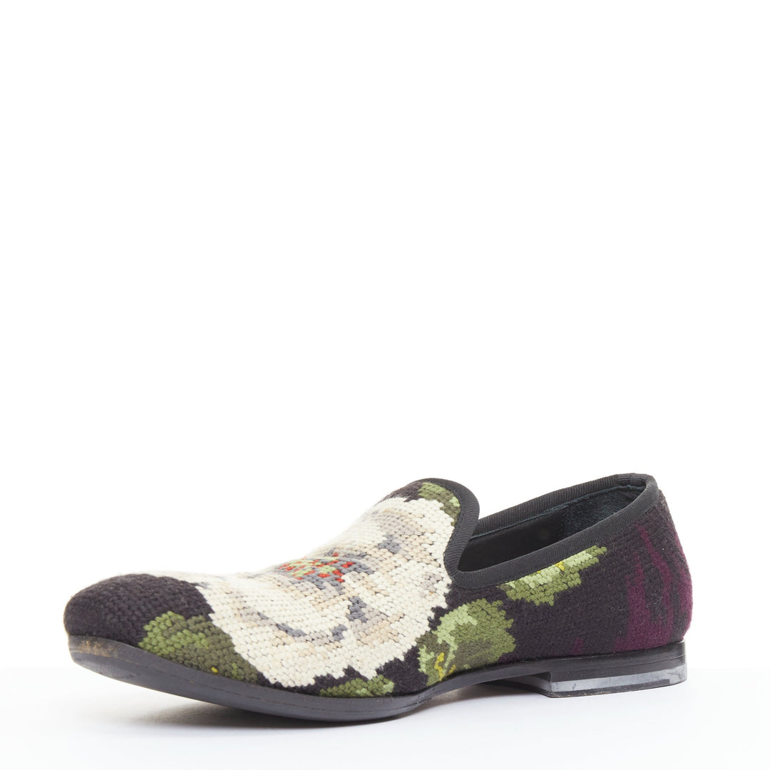 ALEXANDER MCQUEEN 2012 floral needlepoint textile evening slipper loafers EU43