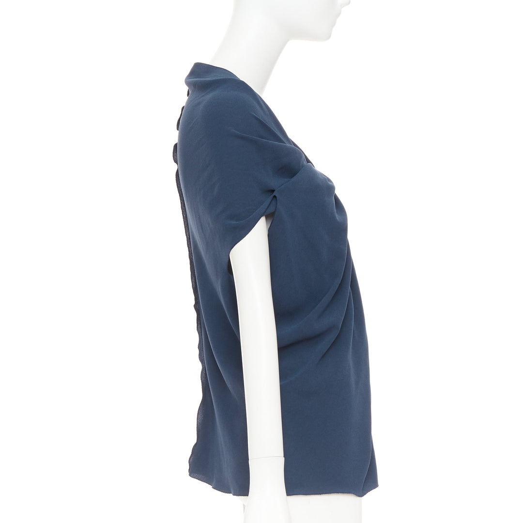 LANVIN 2009 navy triacetate blend twist front square neck ruched top FR34 XS