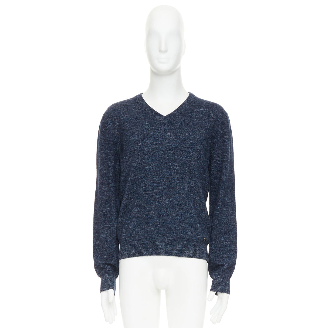 GUCCI navy wool silk cashmere melange V neck GG logo charm sweater L