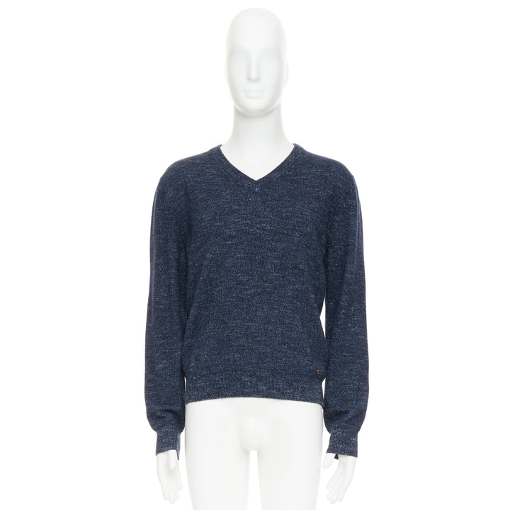 GUCCI navy wool silk cashmere melange V neck GG logo charm sweater L