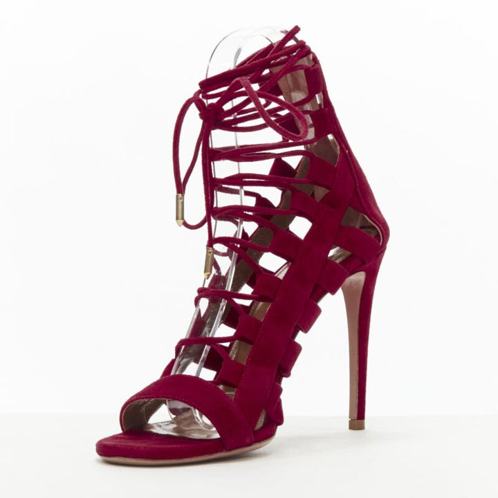 AQUAZZURA Amazon dark red suede lace up sandals high heels EU38