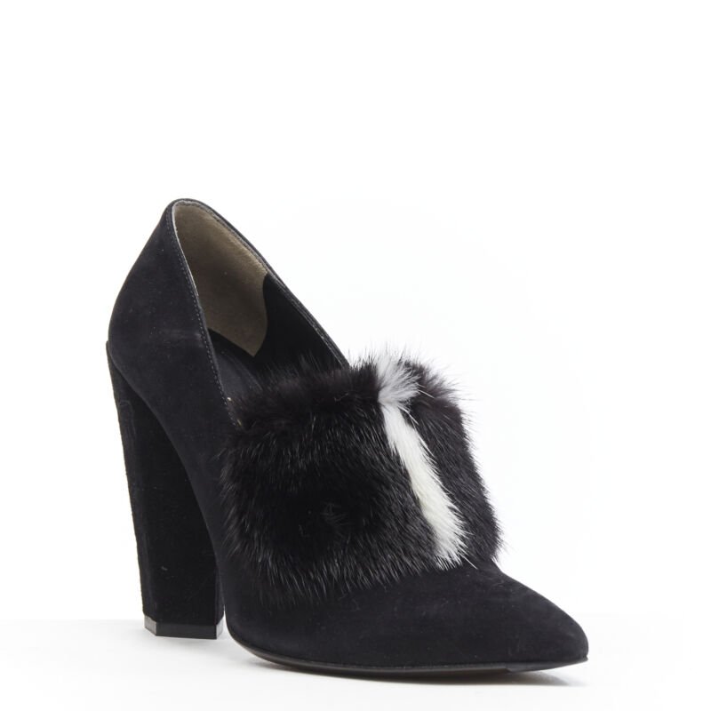 FENDI black suede black white mink fur front point toe chunky heel pump EU37.5