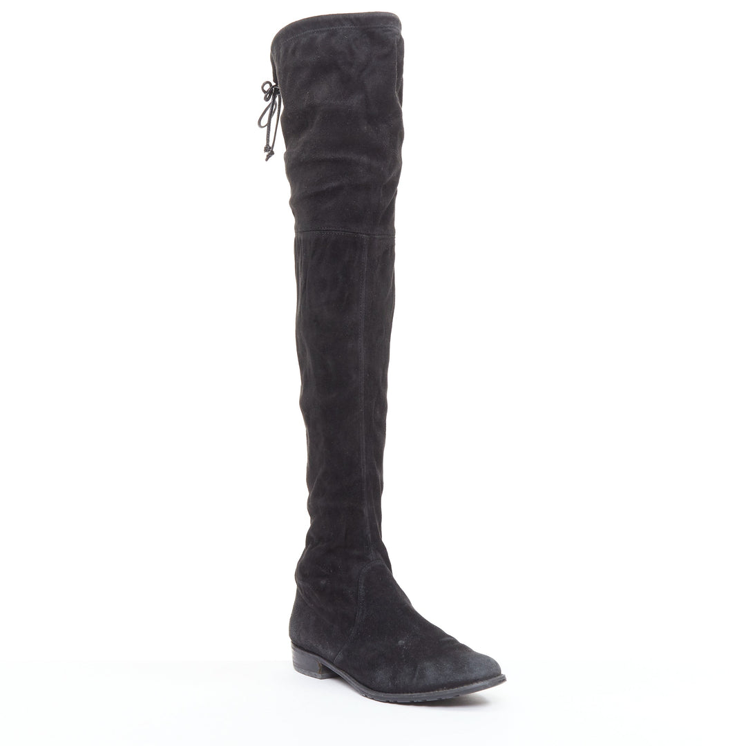 STUART WEITZMAN Lowland black suede drawstring top over knee flat boots EU38