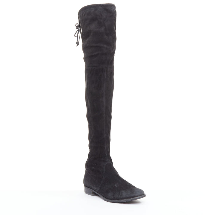 STUART WEITZMAN Lowland black suede drawstring top over knee flat boots EU38