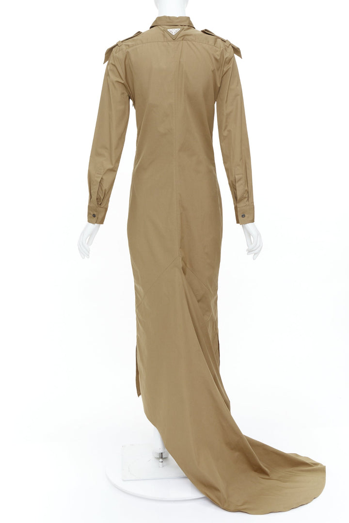 PRADA 2023 Runway brown poplin necktie safari utility shirt trail gown IT38 XS