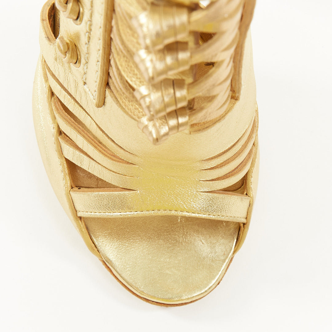 GIVENCHY 2008 Runway metallic gold leather caged gladiator heels EU37