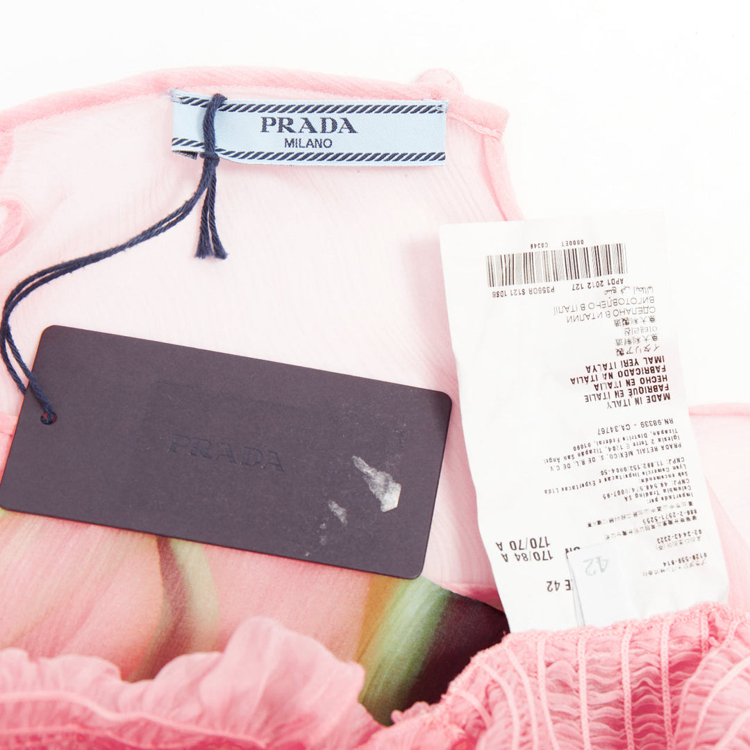 rare PRADA 2012 pink sheer silk chiffon green black flame knee dress IT42 M
