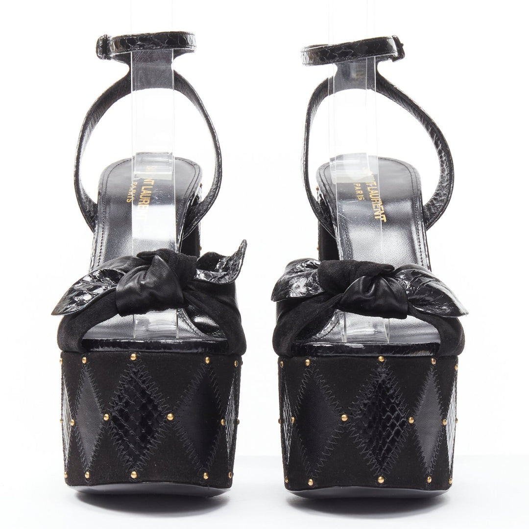 SAINT LAURENT Paige 85 Runway black patchwork stud platform sandals EU37