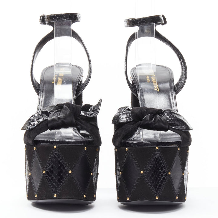 SAINT LAURENT Paige 85 Runway black patchwork stud platform sandals EU37